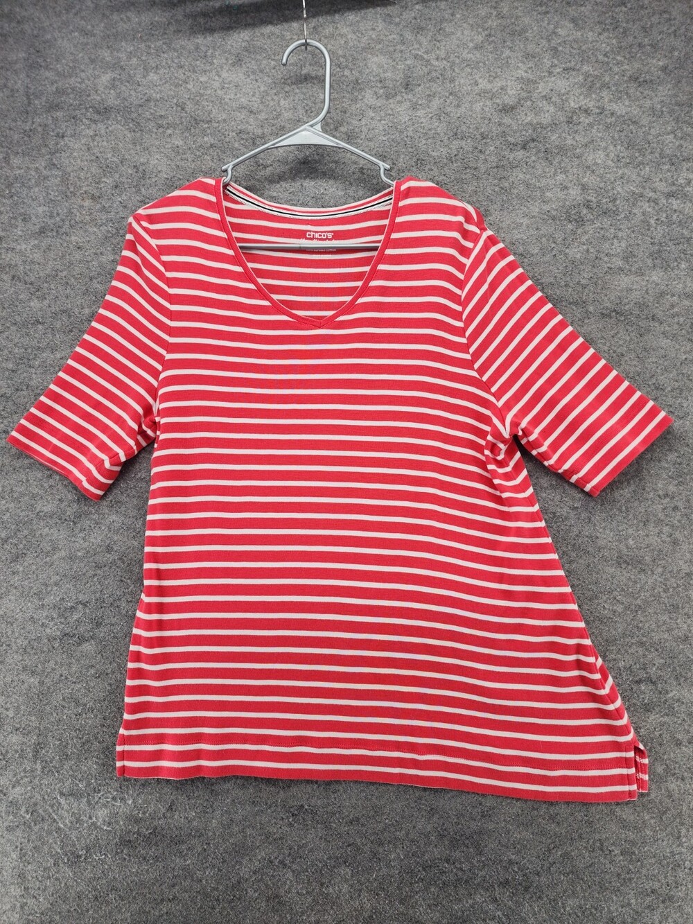 Chicos Shirt Womens Large Short Sleeve Red White Striped